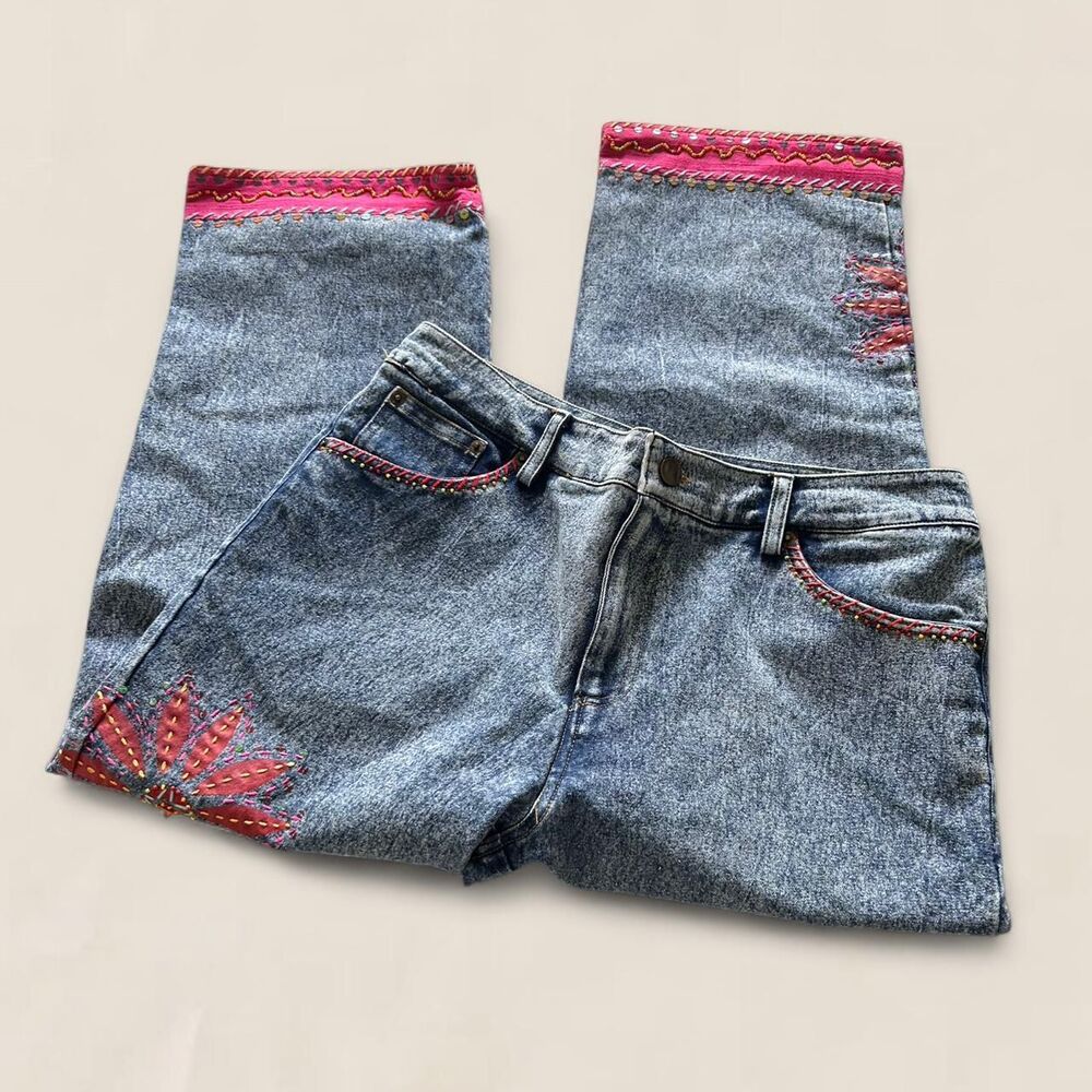 Vintage jeans Y2K Embroidered Flower small | artsy indie beaded cropped denim - Picture 4 of 8
